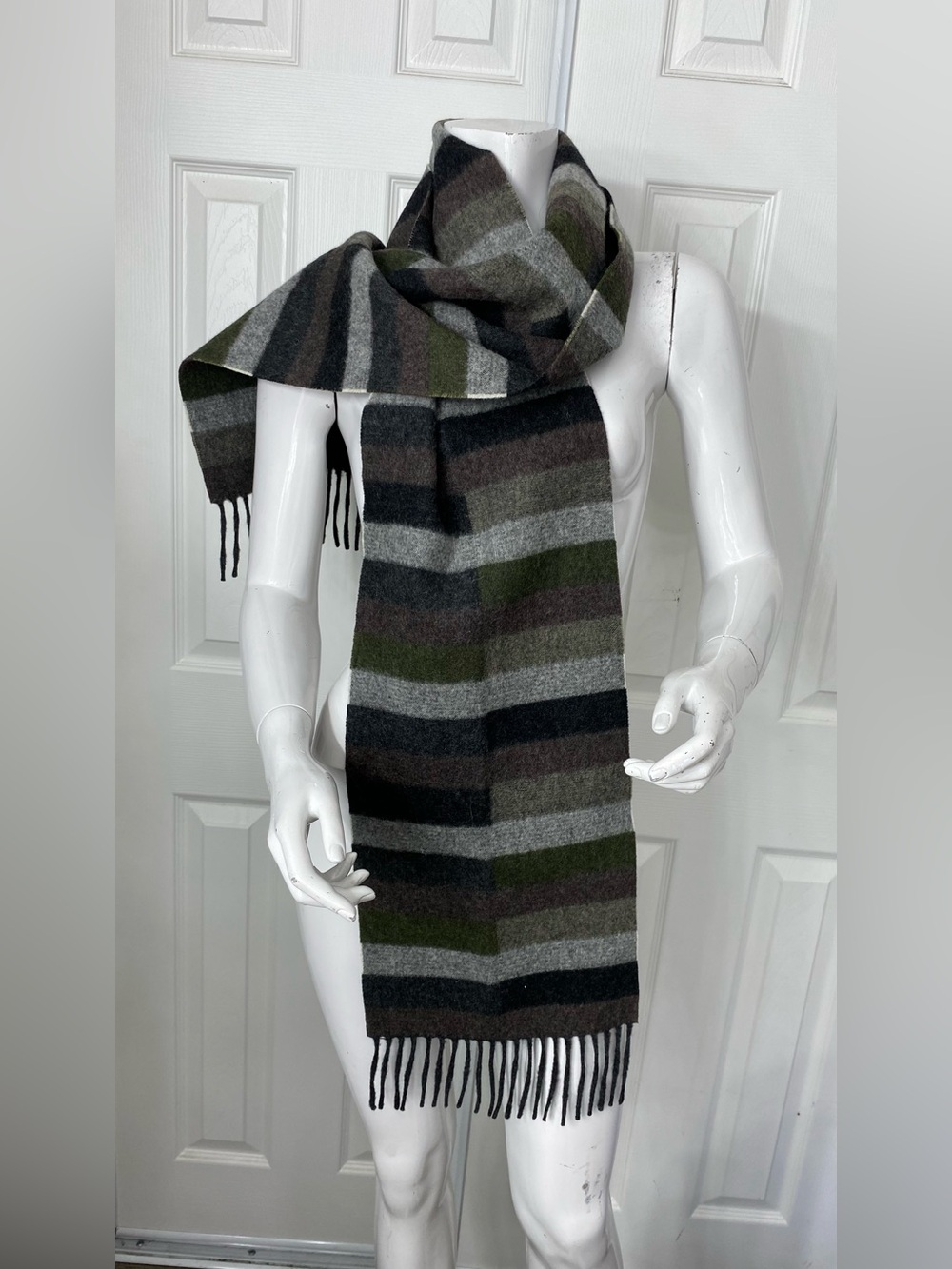 Eddie Bauer Olive, Gray & Black Striped Wool Blend Fringe Scarf